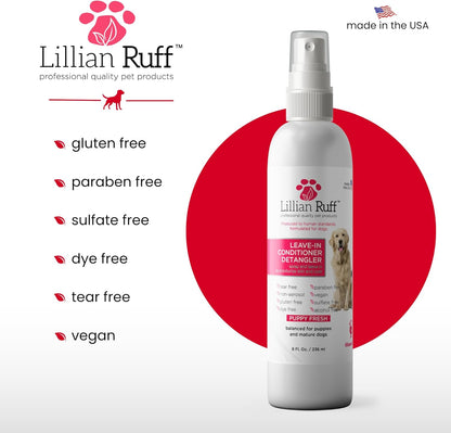 Lillian Ruff Leave-in Dog Conditioner & Detangler Spray - pH Balanced After-Bath No Rinse Hydrating Dog Conditioning Spray - Silky Shine Spray for Dry Skin, Itch Relief, Detangling & Dematting (8oz)