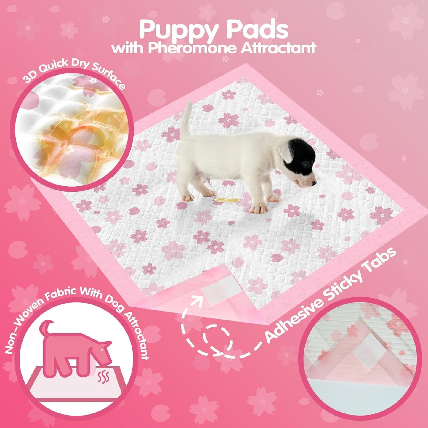 Pink Puppy Pads, Absorbent 23"x 23" 50 Count Cute Dog Pee Pad with Adhesive Tabs for Potty Training, Leak-Proof Quiky-Dry Pads for Puppies, Dogs, Cats, Rabbits(Pink, 23x23in 50Ct)