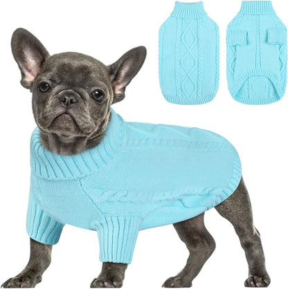 Queenmore Small Dog Pullover Sweater, Cold Weather Cable Knitwear, Classic Turtleneck Thick Warm Clothes for Chihuahua, Bulldog, Dachshund, Pug (Sky Blue, Small)
