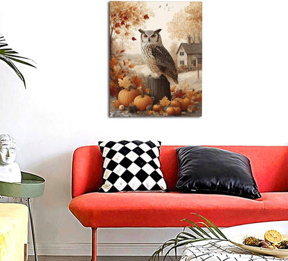 Fall Owl Wall Art Autumn Pumpkin Leaves Wall Decor Rustic Canvas Print Farmhouse Pictures Painting Print Framed Artwork Decorations Gifts for Living Room Bathroom Bedroom Office 16"x20"