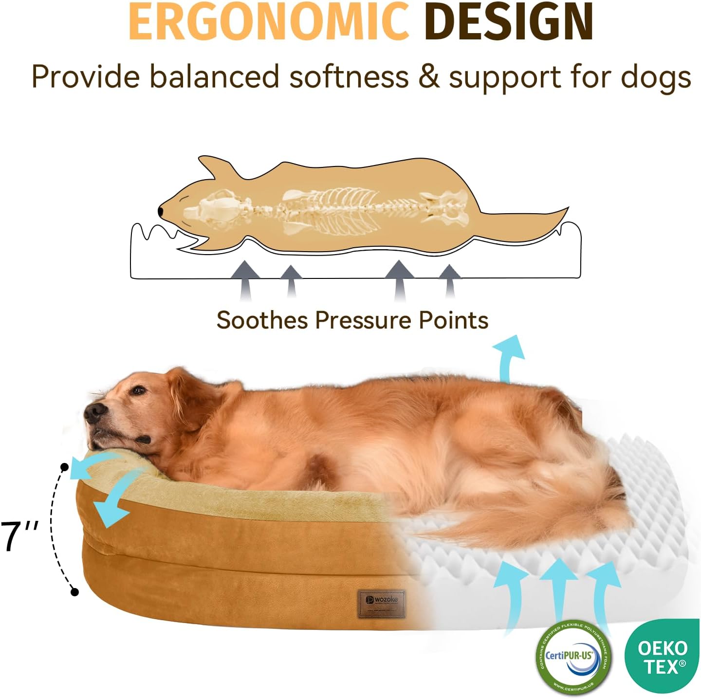 Orthopedic Waterproof Large Dog Bed: Memory Foam Washable Dog Bed with Bolsters - Removable Orthopedic Cover for Medium L XL Large Sized Pet - Non-Slip Bottom - Orange