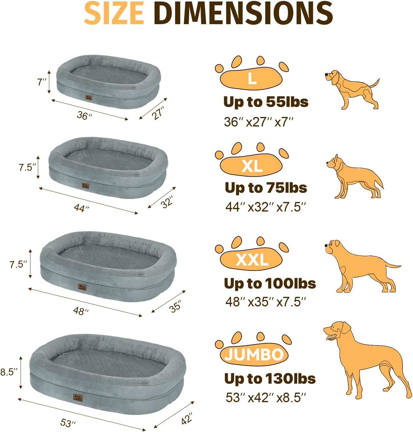 Orthopedic Waterproof Large Dog Bed: Memory Foam Washable Dog Bed with Bolsters - Removable Orthopedic Cover for Medium L XL Large Sized Pet - Non-Slip Bottom - Grey