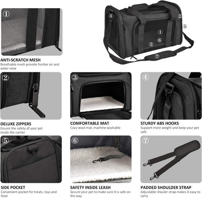 Large Soft Sided Cat and Pet Carrier for Cats and Puppies up to 25Lbs - Collapsible, Waterproof Travel Carrier - Black