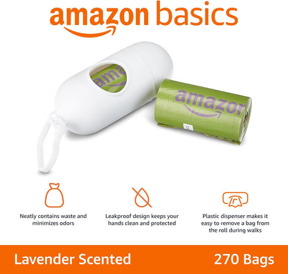 Amazon Basics Dog Poop Bags with Dispenser, 270 Count, Enhanced for Guaranteed Leakproof, Lavender Scented, Includes Leash Clip
