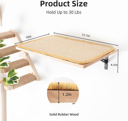 Meowoou Cat Wall Shelf with Sisal Mat, Wall Mounted Rubber Wood Cat Wall Furniture, Cats Climbing Steps for Wall, Cats Window Perches for Sleeping, Playing and Scratching