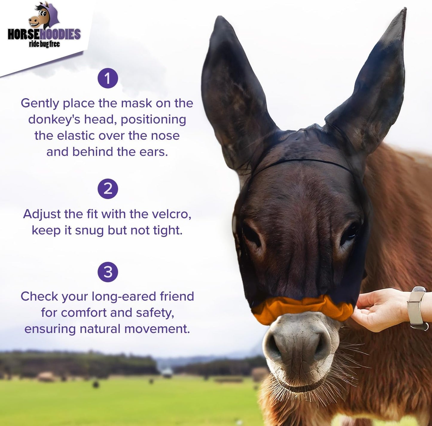 Donkey Fly Mask with Long Ears (Purple) Made in USA - Mule Fly Mask with Ears Protection from Insects and Bugs, Mini Donkey Soft Mesh Fabric with Adjustable Fastener, Face Cover Supplies for Donkeys