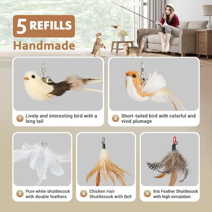 ROSAUI Cat Teaser Wand Toys, Interactive Bird Toy for Indoor Kittens, 53.15’’ Long Cat Fishing Pole Toys, 2X Wires and 5X Natural Refills, Sustainable Wooden Handles, Exercising, Playing