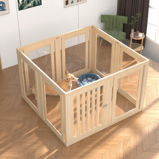 8 Panels Dog Playpen with Door, 23.6" H Pet Playpen Indoor, Clear Acrylic Puppy Playpens, Wooden Puppy Fence with Gate, Transparent Dog Pens, Pet Pen Indoor for Dogs, Cats, Rabbit, Small and Medium