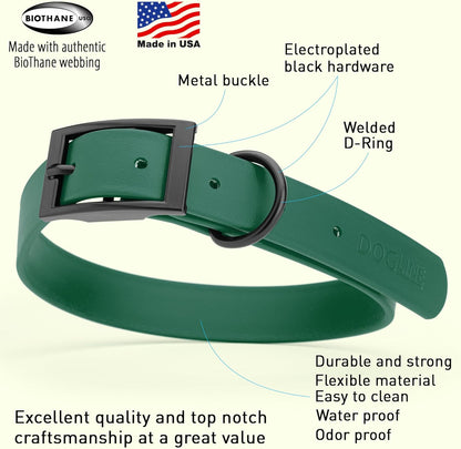 Dogline Biothane Waterproof Dog Collar Strong Coated Nylon Webbing with Black Hardware Odor- Proof for Easy Care Easy to Clean High Performance Fits Small Medium or Large Dogs, Hunter Green