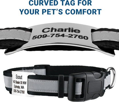 GoTags Reflective Personalized Dog Collar with Nameplate, Adjustable Dog Collar with Custom Engraved Steel Slide On Pet ID Tag, Silent, No Noise Dog Tag for Large Medium or Small (Black, Small)