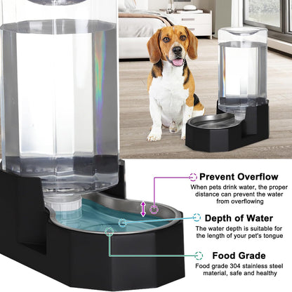 Sfozstra Large Dog Water Dispenser: 8L Automatic Black Water Feeder with Stainless Steel Bowl - Without Filter - Gravity Design for Multiple Pets Indoor/Outdoor