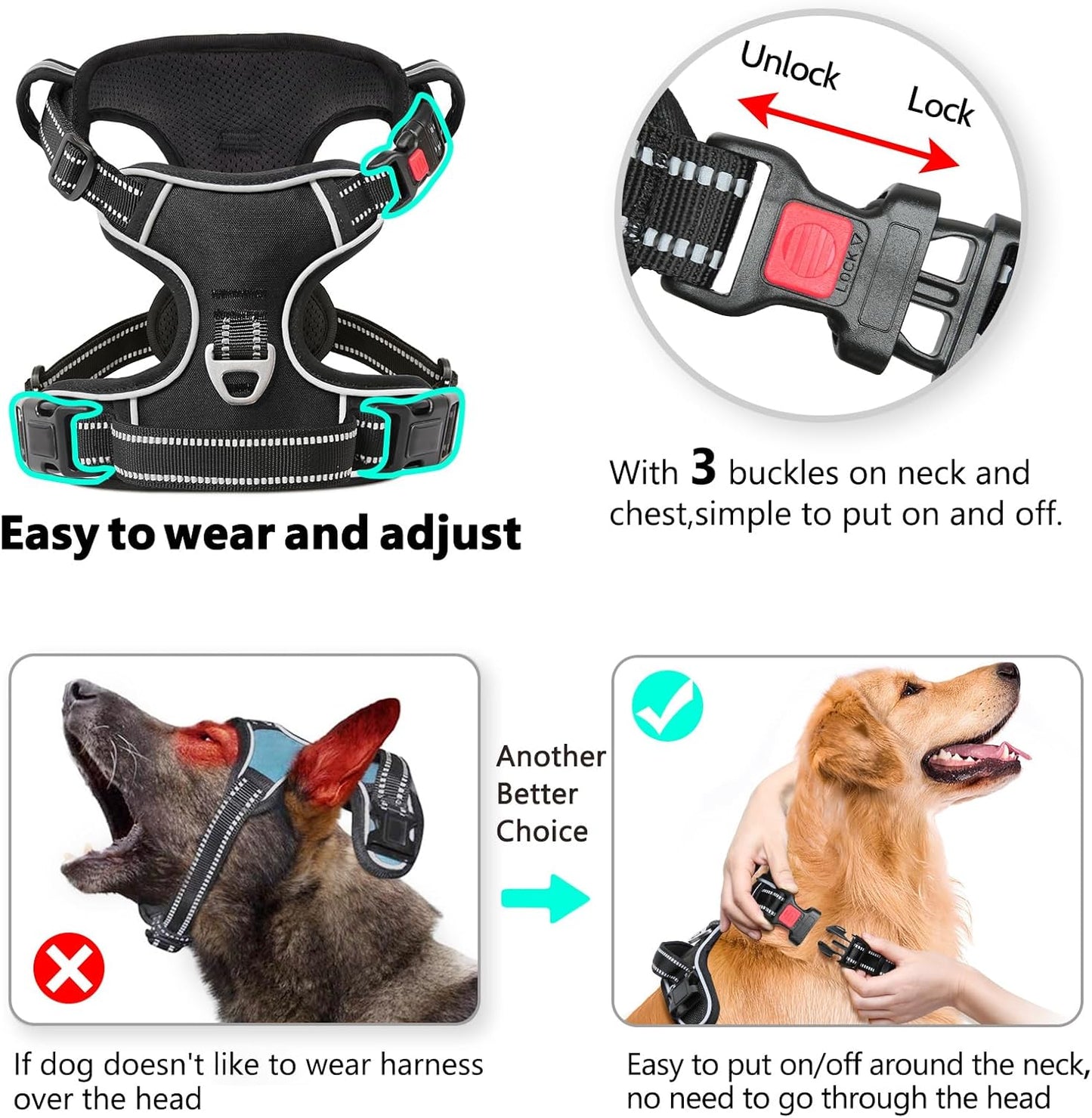 Timos Dog Harness, 3 Snap Buckles No-Pull Soft Padded Dog Vest with 2 Metal Leash Clips, Adjustable Reflective No Choke Pet Harness with Easy Control Handle for Small Dogs,Black,S