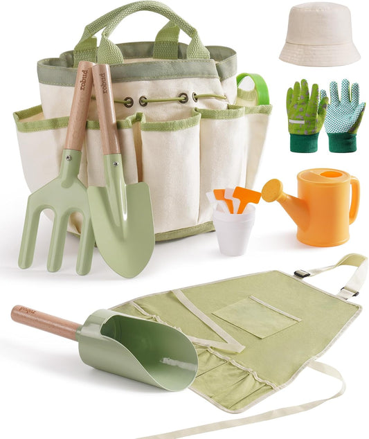 ROBUD Kid Gardening Set, Wooden Garden Tool for Kid, Garden Tool Kit with Tool Storage Bag, Apron, Gloves, Montessori Toys for Kids to be Closed to Nature, WRP25