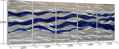 SYGALLERIER Abstract Coastal Metal Wall Art Handcrafted Big 3D Blue and Silver Artwork Modern Sea Waves Pictures Contemporary Sculpture for Living Room Bedroom Bathroom Decor