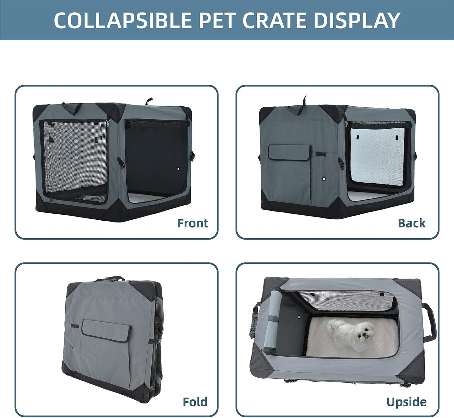 Pettycare 30 Inch Collapsible Dog Crate for Medium Dogs, 4-Door Foldable Soft Dog Kennel with Chew Proof Mesh Windows, Indoor & Outdoor Travel Dog Crate