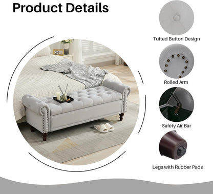 Storage Bench Upholstered Velvet End of Bedroom Bed Bench Ottoman with Tufted Cushioned Rolled Arm Large Storage Space for Reading Living Room Entryway, Light Grey
