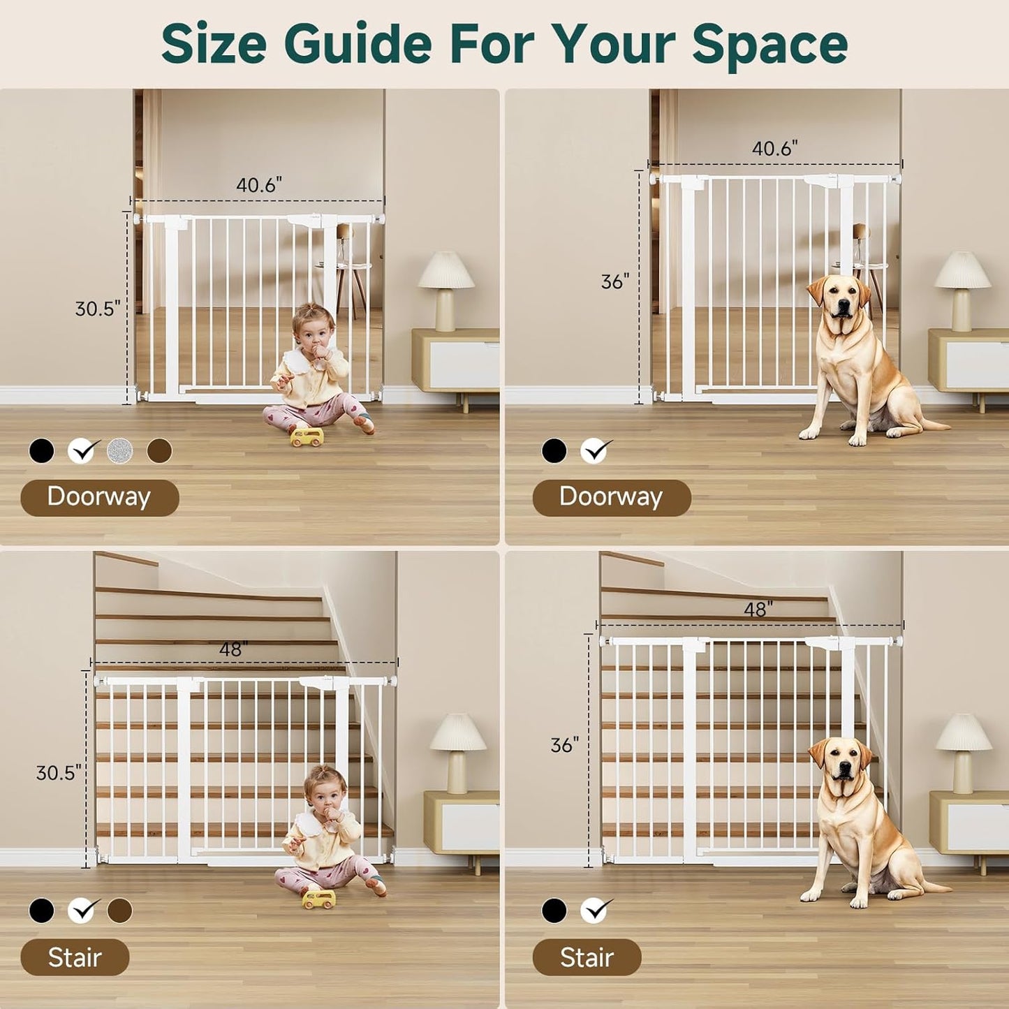 Cumbor 29.7-48" Baby Gate for Stairs, Mom's Choice Awards Winner-Dog Gates for Doorways, Auto Close Safety Pet Gate for Dogs Indoor, Easy Install Pressure Mounted Child Gate with Walk Thru Door, White
