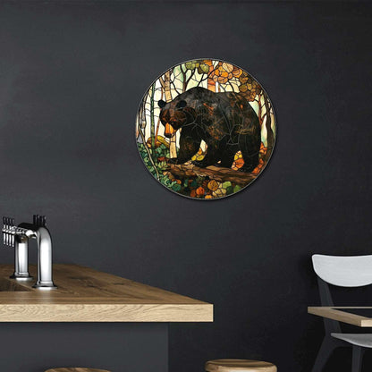 Lygond Metal Sign Tin Sign Circular Stained Glass American Black Bear Gardening Poster for Bar 8×8 Inches