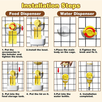 kathson Automatic Rabbit Feeder and Waterer Set, Gravity Pet Food Water Dispenser Bunny Pellet Feeder Small Animal Feeding & Watering Supplies for Guinea Pig Ferret Crate Accessories (Yellow)