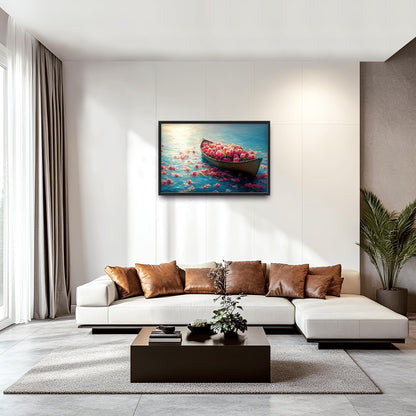 Large Lake Floral Landscape Wall Art for Living Room, Nature Boat Flower Canvas Oversized Wall Decor, Rose Scenery Framed Pictures Painting Print Artwork for Bedroom Office 36L" x 24W"