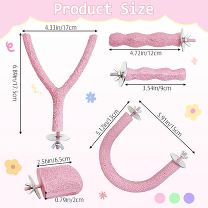 PINVNBY 5 Pack Bird Perch Resin Bird Beak Grinding Stone Parrot Cage Perch Stand Platform Foot Claws Trimmer Chew Toy Bird Cage Accessories for Budgie Cockatiel Conure Lovebird Finch (Pink)