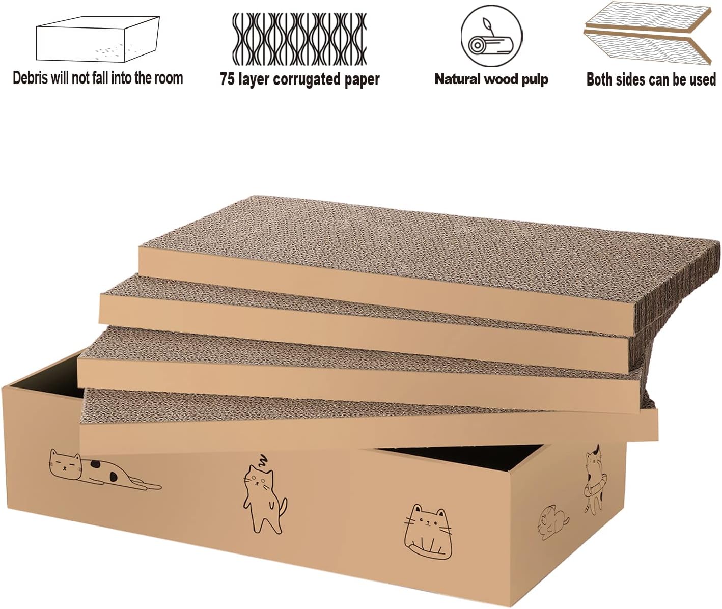 4 Packs in 1 Cat Scratch Pad with Box, Cat Scratcher Cardboard,Reversible,Durable Recyclable Cardboard, Suitable for Cats to Rest, Grind Claws and Play with Scratch Box