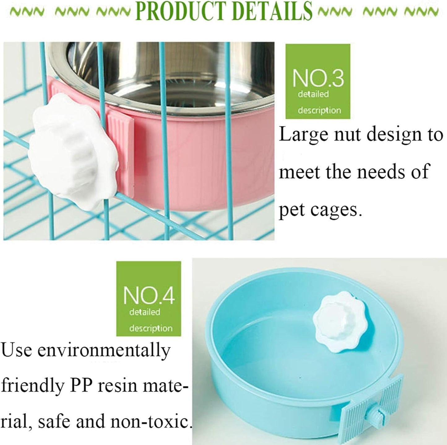 kathson Crate Dog Bowl, Removable Stainless Steel Hanging Pet Cage Bowl Food & Water Feeder Coop Cup for Cat, Puppy, Birds, Rats, Guinea Pigs 2pcs(Blue,Pink)