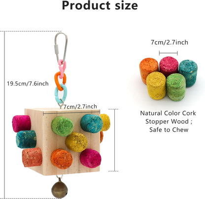 Square Bird Chew Toy, Parrot Cork Stopper Toys Bird Swing Bell Hanging Wooden Puzzle Foraging Toys Small Bird Bite Perch Stand, Small and Medium Parrots (1 Pack-Square Cork Stick)