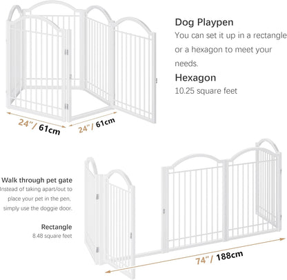 BHG Metal No-Assembly Freestanding Dog Gate with Door Walk Through, Extra Wide 120", Extra Tall 32" Pet Gate, Accordion Puppy Folding Playpen Dog Fence, with 2PCS Support (White, 5 Panels)