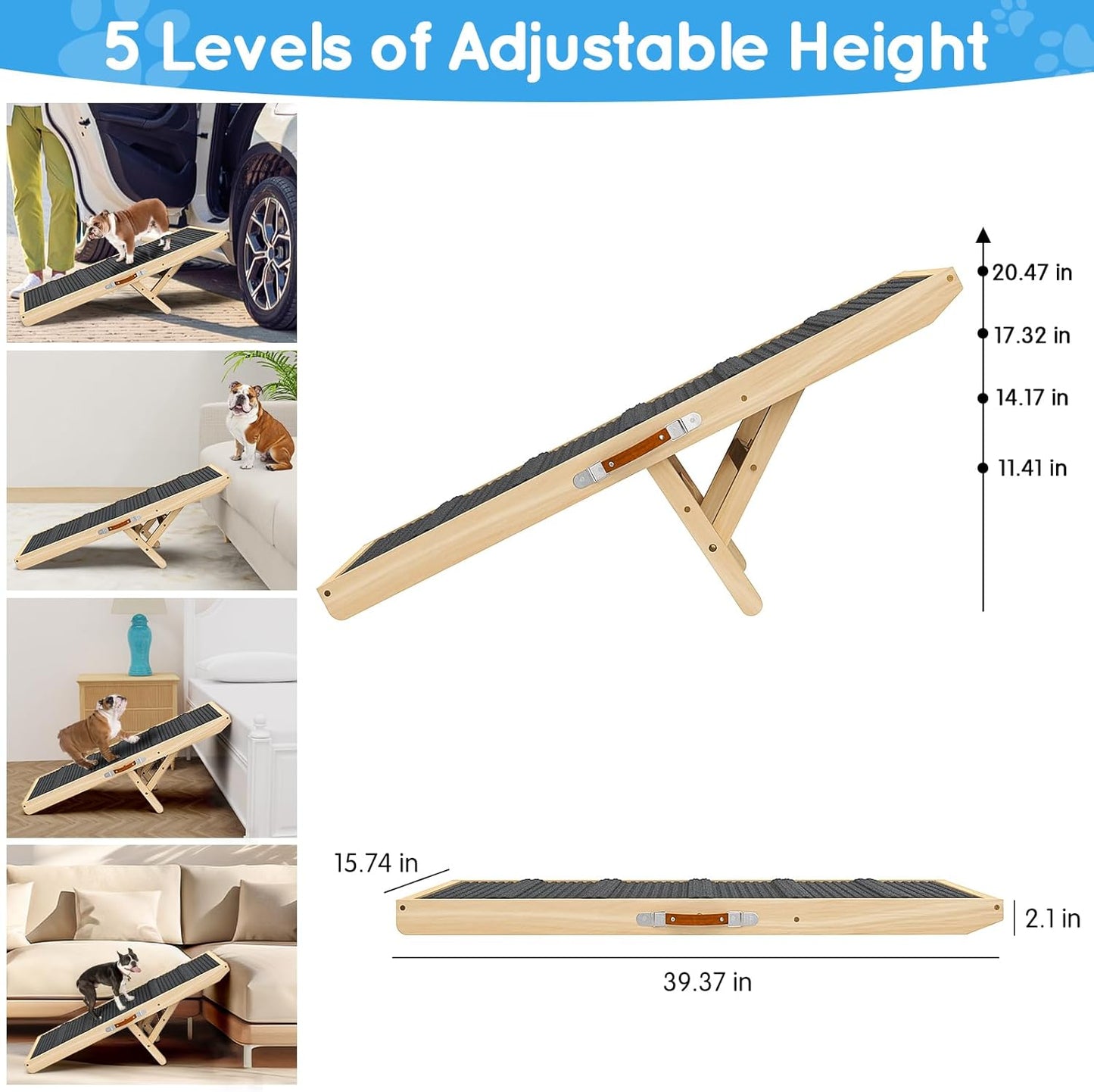 Dog Ramp for Couch, Bed, Wooden Long Pet Stairs for Small & Large Old Dogs & Cats, Hold up to 100lb, Adjustable Height from 11.41" to 20.47", Portable Doggie Steps (39.37" Long)