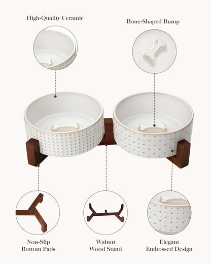 MALACASA Dog Bowl Set with Walnut Wood Stand, 3.5 Cups Ceramic Pet Bowls for Puppy Dogs, Dual Food and Water Bowls with Weighted Non-Slip Base, Basic Bowls for Your Dog or Cat, Rhombic & Polka Dots