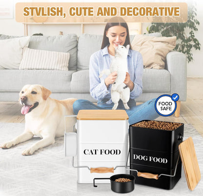 Tioncy 2 Pcs Metal Dog and Cat Food Storage Containers Big Pet Food Containers with Bamboo Lids and Spoon Airtight 5-7 Lbs Dog Cat Treat Snack Jars with DIY Labels for Kitchen Counter(White,Black)