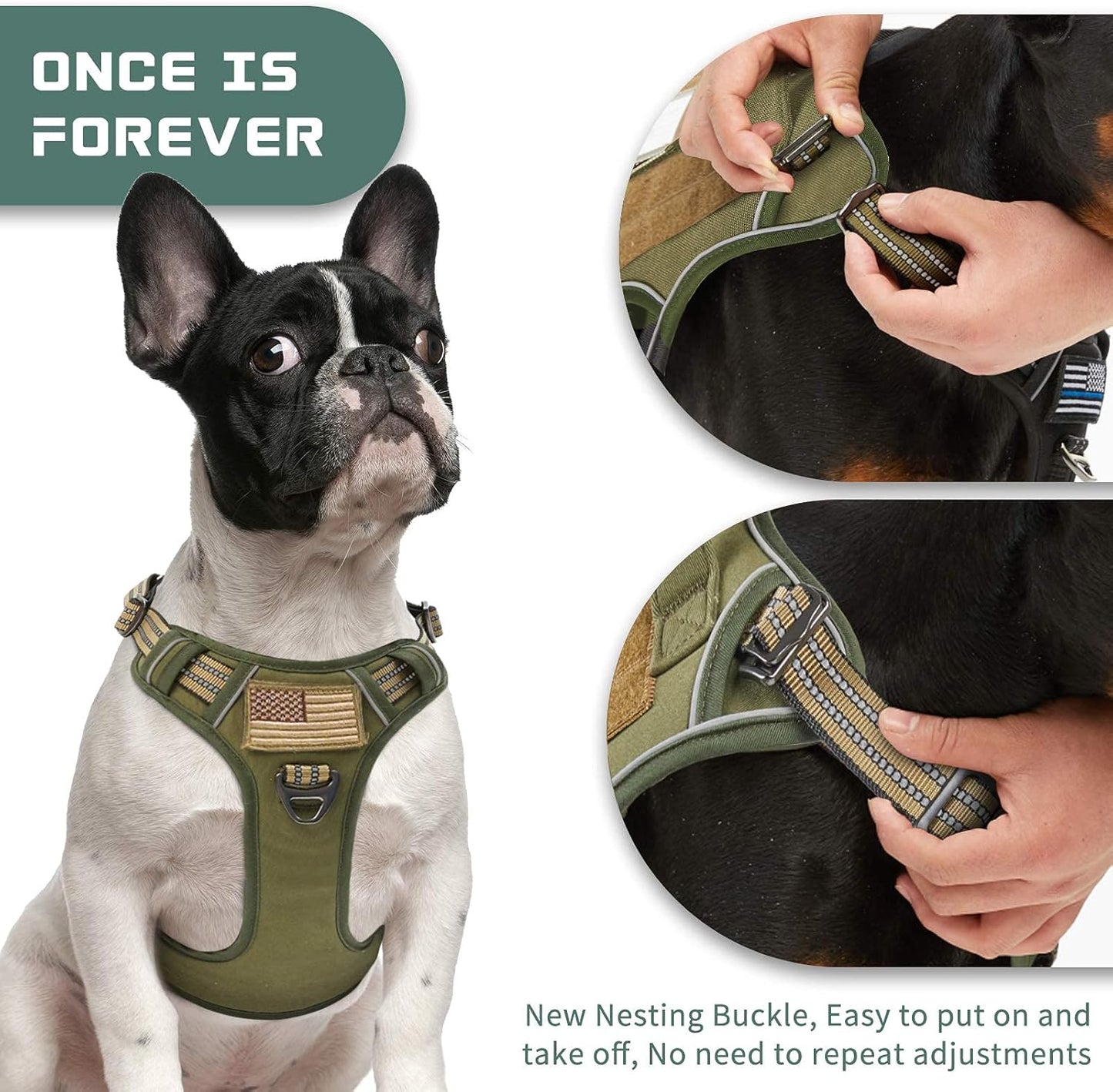 BUMBIN Tactical Dog Harness for Small Dogs No Pull, Famous TIK Tok No Pull Puppy Harness, Fit Smart Reflective Pet Walking Harness for Training, Adjustable Dog Vest Harness with Handle Green S