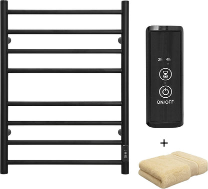 KEG Towel Warmer Wall Mounted with Built-in Timer 8 Bars Electric Stainless Steel Heated Towel Racks for Bathroom, Hot Plug-in Bath Towel Heater Matte Black (TW-8-MB)