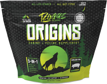 Origins 5-in-1 Dog Supplement - Powdered Food Topper w/Natural Heirloom Pork Protein- Supports Healthy Digestion, Skin, and Coat - Helps Reduce Itching & Joint Inflammation (2 lbs)