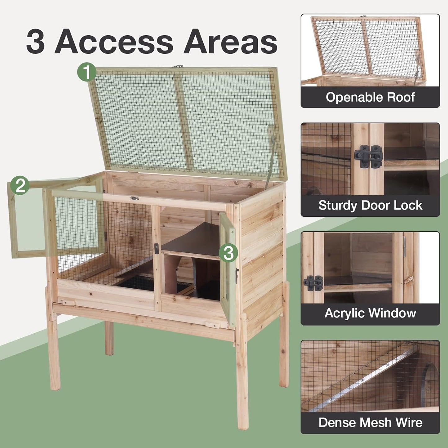Guinea Pig Cage with Wooden Stand - Hamster Cage, Small Animal Cage Anti Chew Ramp, Hideout, Platform, Pull Out Tray (Wood, L)