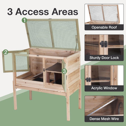 Guinea Pig Cage with Wooden Stand - Hamster Cage, Small Animal Cage Anti Chew Ramp, Hideout, Platform, Pull Out Tray (Wood, L)