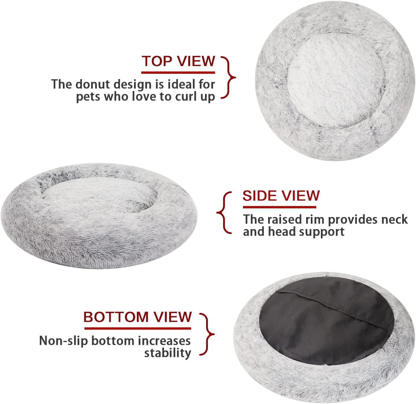 Bedfolks Calming Donut Dog Bed for Extra Large Dogs, 45 Inch Round Plush Bed with Non-Slip Bottom (Dark Grey, Extra Large)
