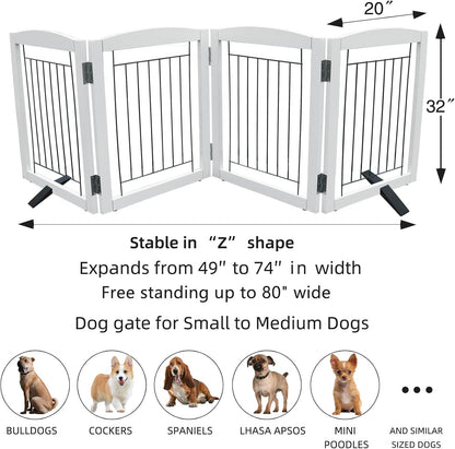 ZJSF Freestanding Dog Fence Indoor, Foldable Dog Gate for Doorways, Stairs or Hallways, Sturdy Wood Extra Wide Pet Gate with Support Feet for The House, White, 32 "Height-4 Panels
