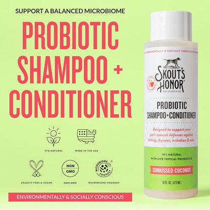 Skout's Honor Probiotic Dog Shampoo & Conditioner with Avocado Oil & Omega-3s, 97% Natural, Paraben & Sulfate-Free, Cruelty-Free, 16oz, Sunkissed Coconut, 2-Pack