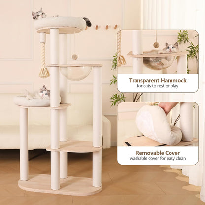 59" Modern Cat Tree Multi-Level Large Cat Tower Heavy Duty Cat Tree with Hammock,Cotton Scratching Post and Washable Cushions