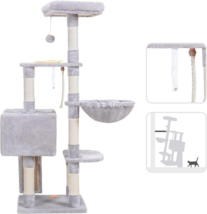 Heybly Cat Tree, Cat Tower for Indoor Cats with Scratching Board, Multi-Level Cat Furniture Condo with Feeding Bowl, Light Gray HCT010MW