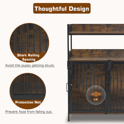 MCombo Furniture Style Dog Crate with Storage Shelves, Heavy Duty Wooden Dog Cage End Table, Triple Doors Pet House Indoor, 1368 (Brown)