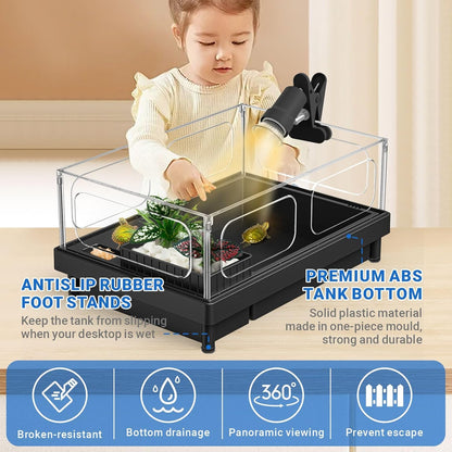 GOZILLA Small Turtle Tank with Adjustable Lamp, Acrylic Turtle Tank Starter Kit, Reptile Habitat and Terrarium with Multi-Functional Areas for Tortoise, Crab, Crayfish, Small Reptile.(Tank+Lamp)