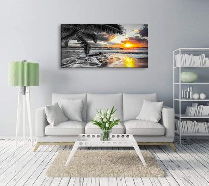 Yxbhhym-Large Canvas Ocean Wall Art Black White Gold Wall Art Beach Pictures for Walls Sunrise Seascape Scenery Print Palm Poster Wave Sea Artwork for Wall Art Living Room Office Wall Decor Bedroom
