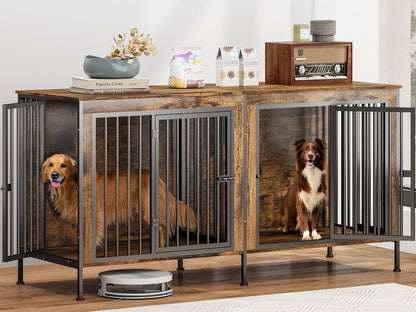 63 in Dog Crate Furniture for 2 Large/Medium Dogs with Removable Divider, Extra Large Double Doors Dog Kennel, XXL Thick Wooden Dog Cage Furniture,Sturdy and Durable, Brown