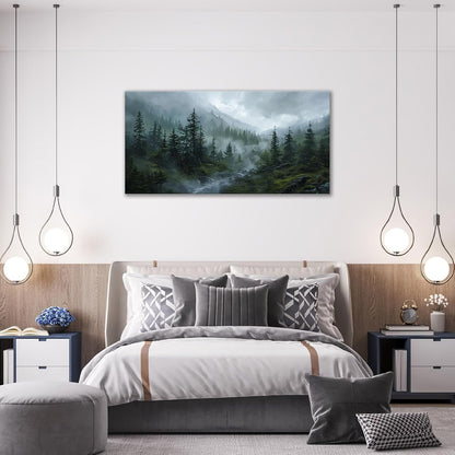 Large Forest Wall Art Nature Misty Mountain Canvas Living Room Tree Landscape Pictures Framed Prints Oversize Wall Decor Painting Artwork for Bedroom Dining Home 60"x30"