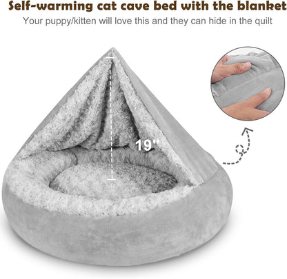 JOEJOY Dog Beds for Small Medium Dogs, Cozy Cuddler Luxury Puppy Pet Bed with Blanket Attached, Donut Round Calming Anti-Anxiety Dog Burrow Cave Bed - Anti-Slip Bottom and Machine Washable 26 inch