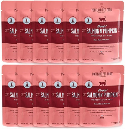 Human-Grade Mixed Variety Pack Wet Cat Food Pouch Boots' Salmon N' Pumpkin - Moist, Soft Cat Food Mixer, Topper, and Rotational Meal by Portland Pet Food Company -12 Pack