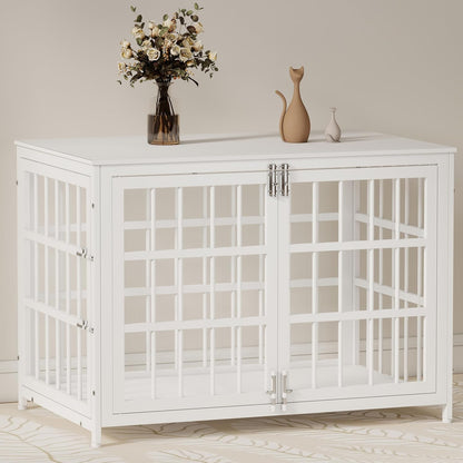 38 Inch Heavy Duty Wooden Dog Kennel End Table with Double Door Design and Secure Locks, Indoor Pet Crate Furniture for Medium Dogs, Decorative Home Cage Design,White